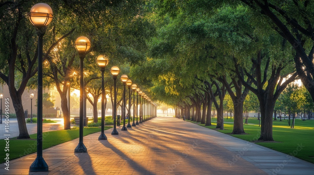 Obraz premium Serene Tree-Lined Pathway with Soft Lighting at Dawn