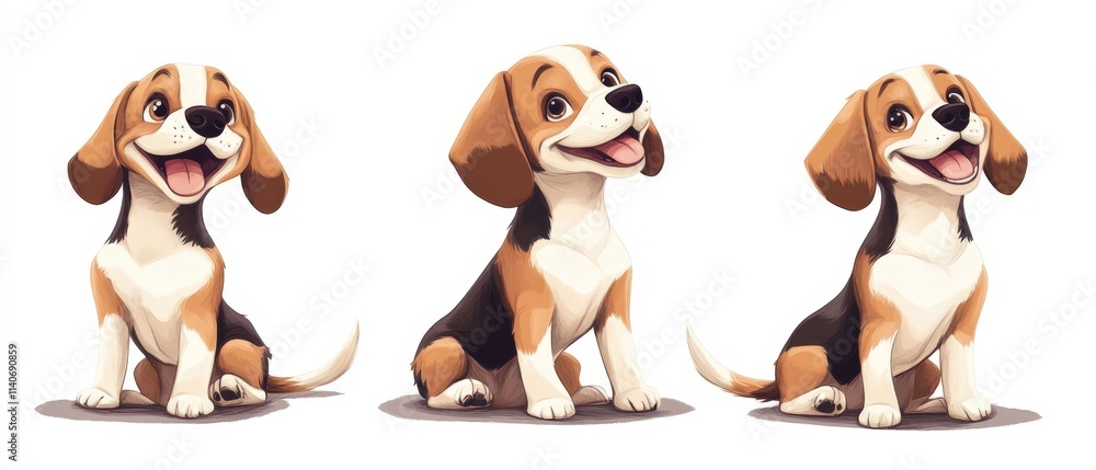 Three cartoon illustrations of a happy beagle puppy in different sitting poses, featuring tri-colored coat pattern and expressive eyes and smile, with a stylized digital art aesthetic. Generative AI