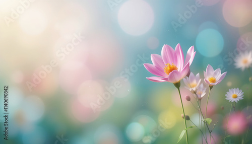 Beautiful colourful flowers are blooming in a vibrant, dreamlike garden, with soft bokeh and sparkling particles creating a magical atmosphere.