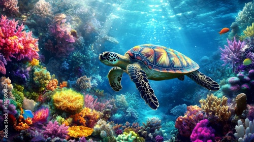 Colorful Underwater Scene with Turtle Swimming Through Coral Reef