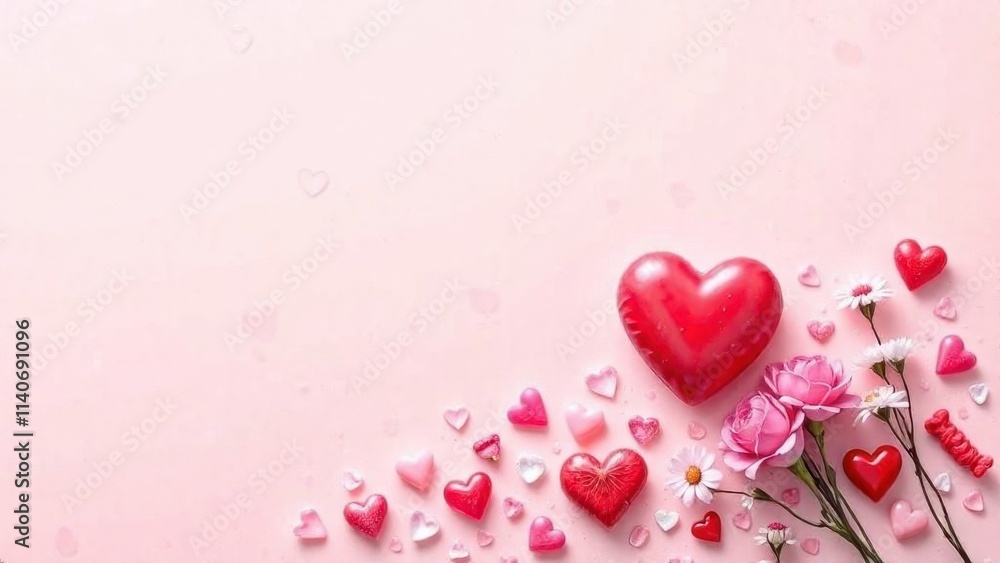 Fototapeta premium Hearts and flowers on a white background, top view, layout for a card for Valentine's Day, Mother's Day, weddings, place for text