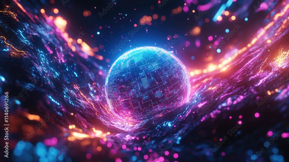 A luminous Earth surrounded by orbiting trade data, glowing network paths, high-tech atmosphere, vibrant and futuristic styling A luminous Earth surrounded by orbiting trade data, glowing network paths, high-tech atmosphere, vibrant and futuristic styling