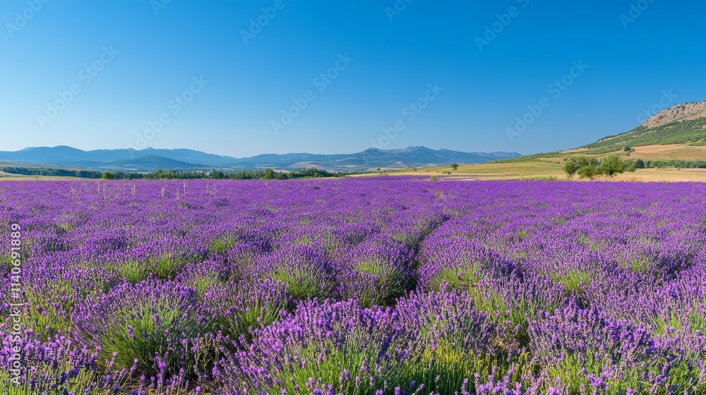 Naklejka premium purple flowers under blue sky, Lavender field in full bloom, summer landscape, layout design, Generative AI