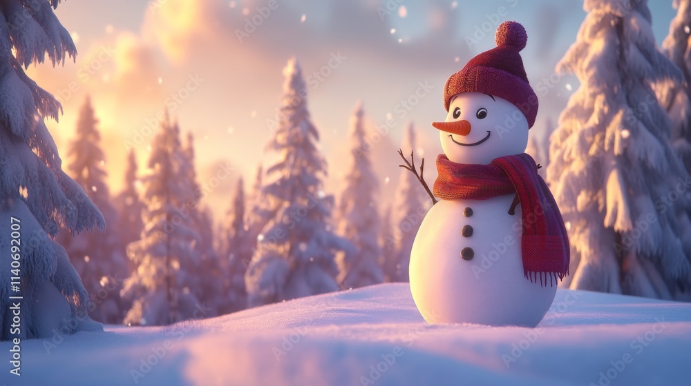 Obraz premium Charming Snowman in Winter Wonderland Surrounded by Snowy Pines