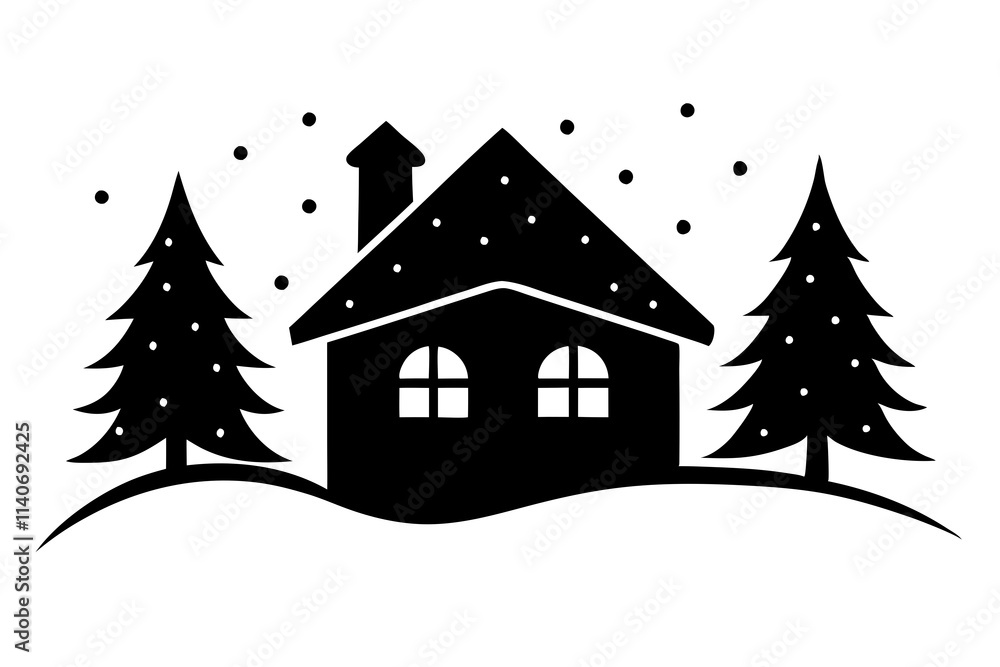 Fototapeta premium A cozy house with winter wonderland vector silhouette with snow covered background