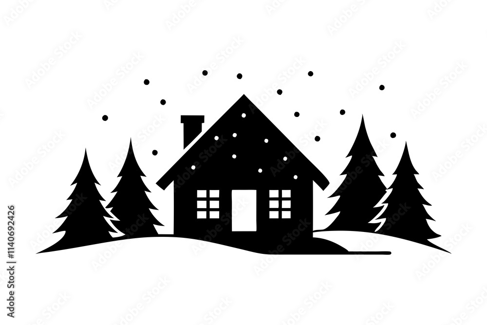 Obraz premium A cozy house with winter wonderland vector silhouette with snow covered background