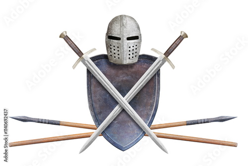 knights helmet shield two swords and spears isolated on white photo