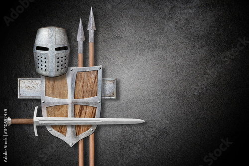 knight helmet sword spear and shield on white photo