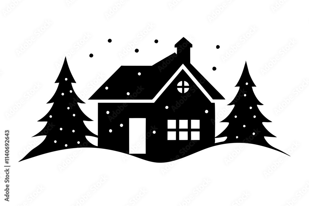 A cozy house with winter wonderland vector silhouette with snow covered background A cozy house with winter wonderland vector silhouette with snow covered background