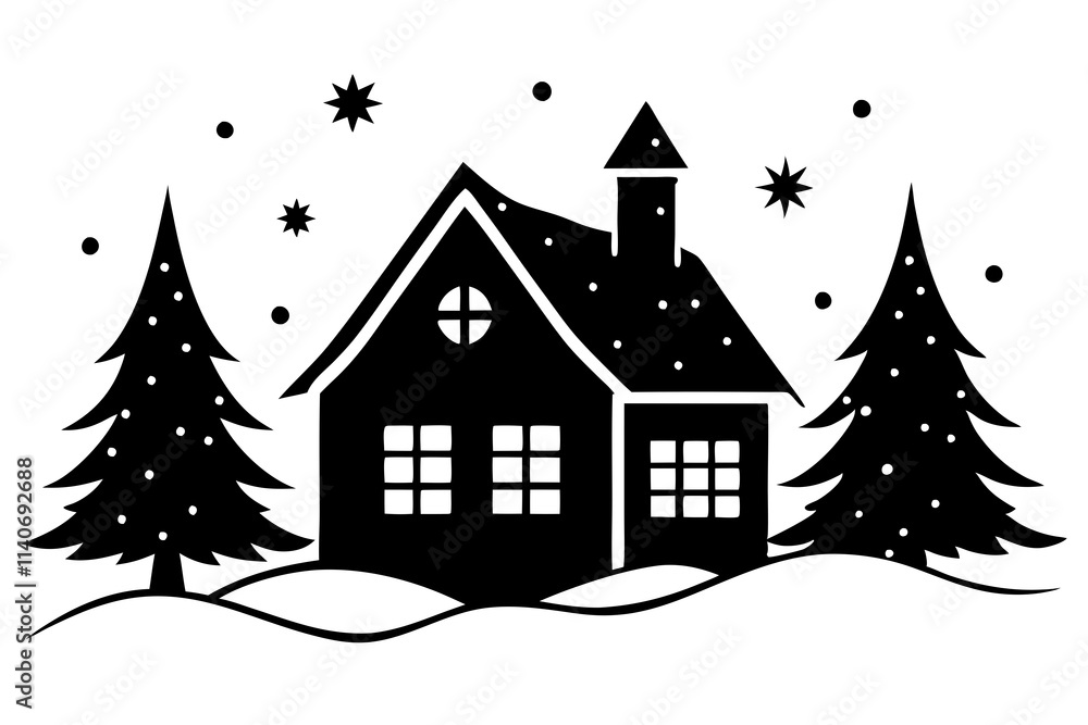 Fototapeta premium A cozy house with winter wonderland vector silhouette with snow covered background