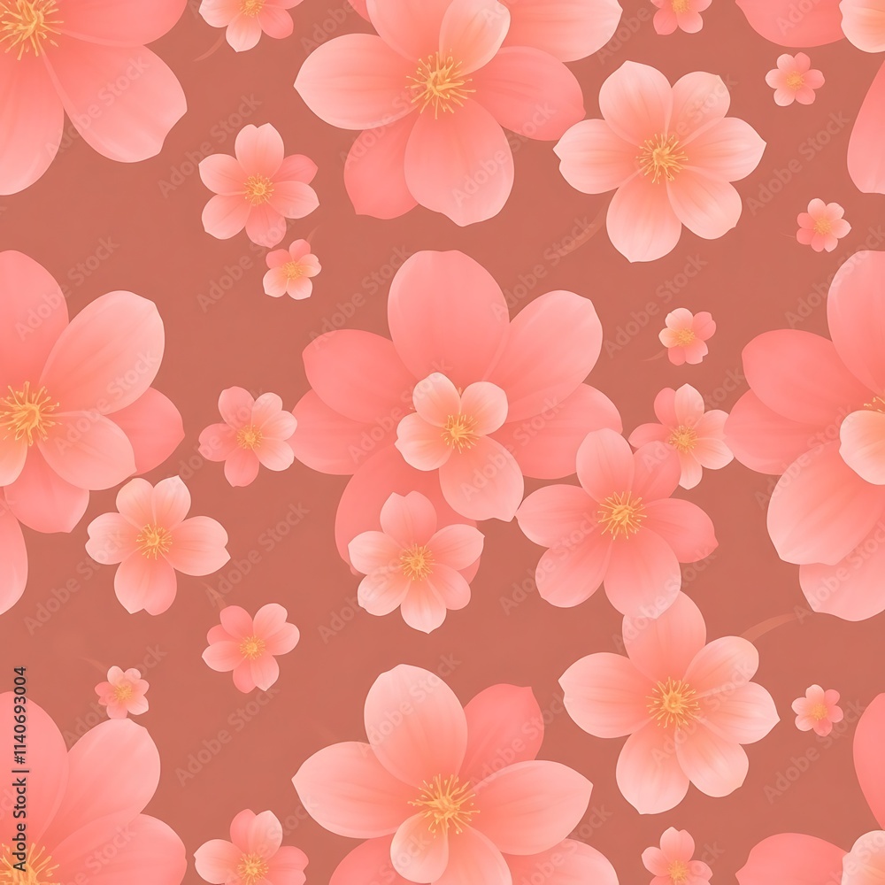 Peach Blossom Dream: A delicate and enchanting seamless pattern featuring soft pink cherry blossoms on a warm terracotta background. Perfect for spring designs and feminine aesthetics. Peach Blossom Dream: A delicate and enchanting seamless pattern featuring soft pink cherry blossoms on a warm terracotta background. Perfect for spring designs and feminine aesthetics.