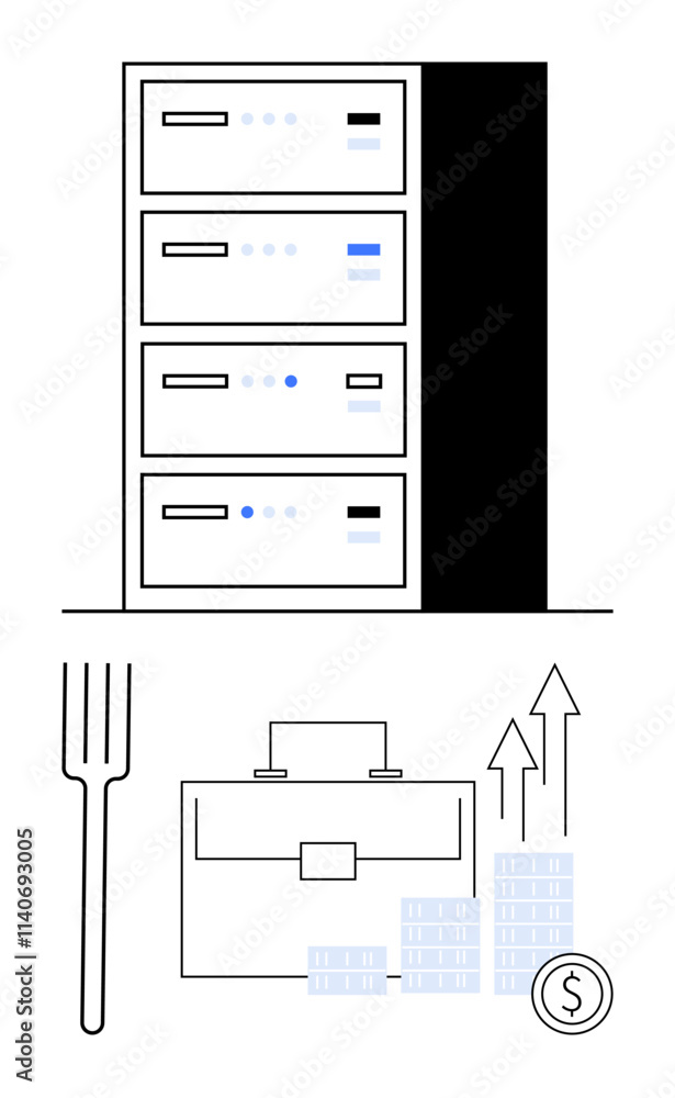 Server stack, upward arrow charts, and briefcase suggest business growth, data management, and financial success. Ideal for technology integration, corporate development, finance growth Server stack, upward arrow charts, and briefcase suggest business growth, data management, and financial success. Ideal for technology integration, corporate development, finance growth
