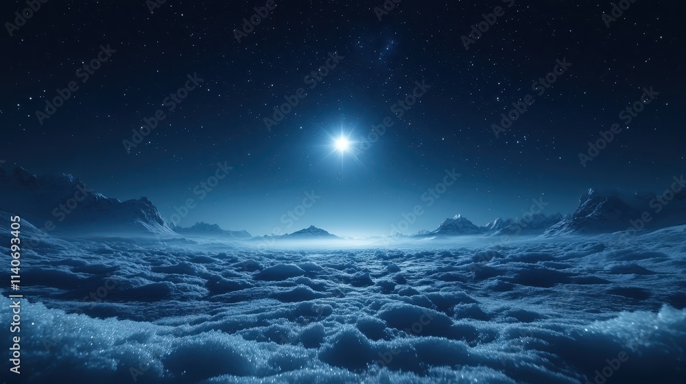 A single star shining brightly in a night sky over a snowy landscape. A single star shining brightly in a night sky over a snowy landscape.