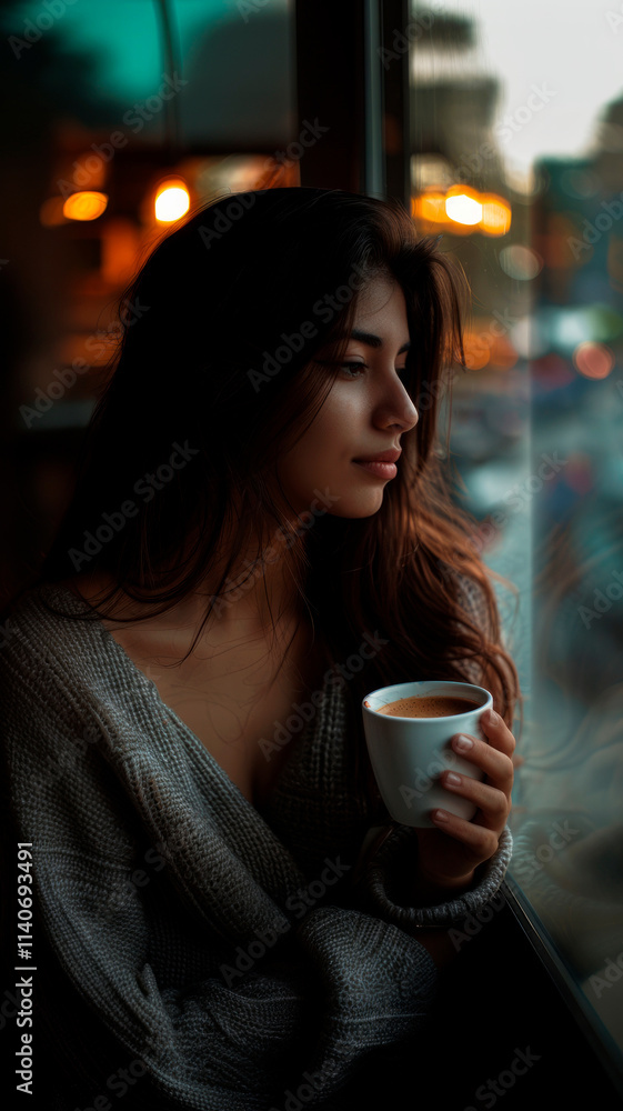 a pensive woman in soft light, looking out the window with a cup of coffee in her hands. a pensive woman in soft light, looking out the window with a cup of coffee in her hands.