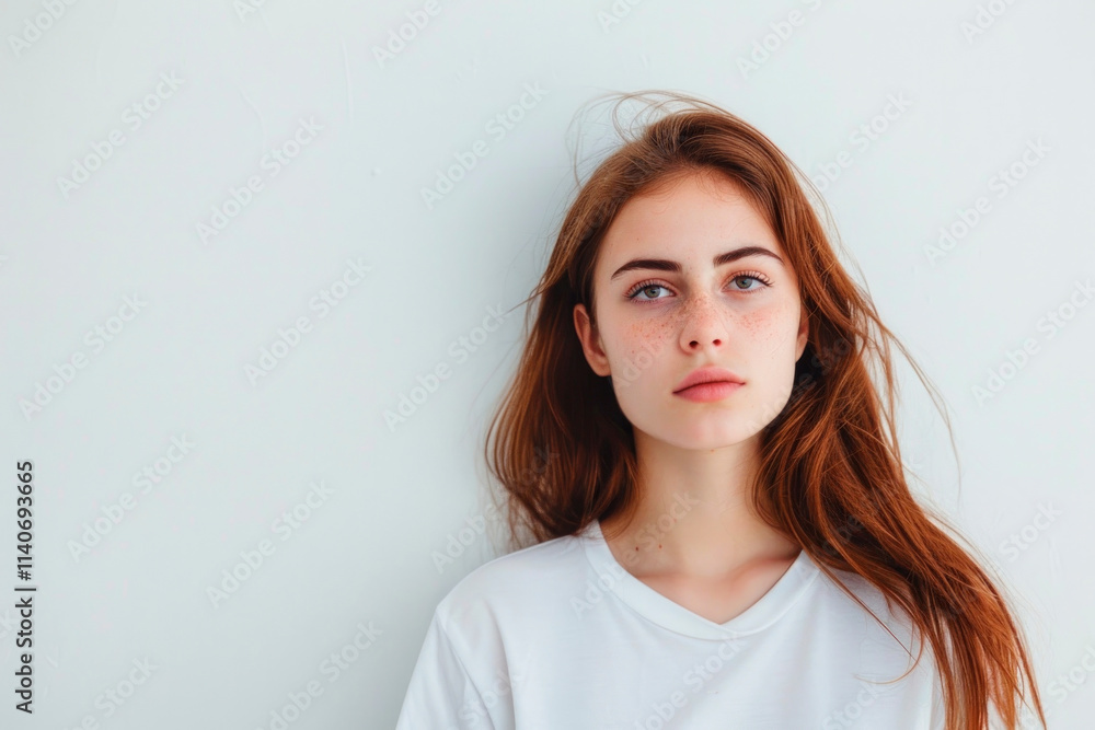Young woman with long brown hair poses against a plain wall in soft natural light Young woman with long brown hair poses against a plain wall in soft natural light