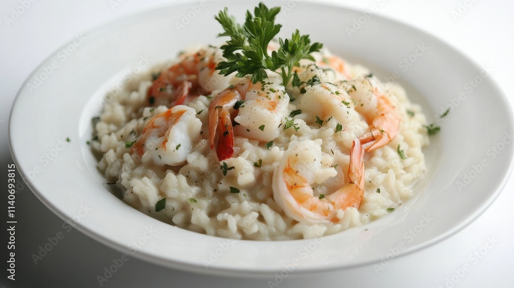 Creamy Shrimp Risotto with Fresh Herbs in White Bowl Creamy Shrimp Risotto with Fresh Herbs in White Bowl