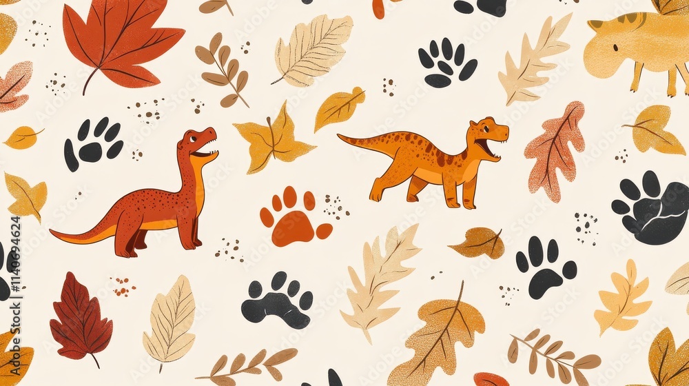 Colorful Dinosaur Pattern with Leaves and Paw Prints on Cream Background Colorful Dinosaur Pattern with Leaves and Paw Prints on Cream Background
