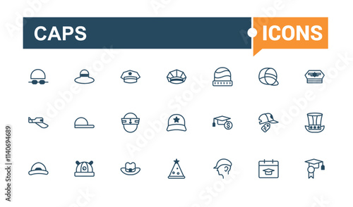 Set of Caps line icons. Contains related to fashion, styles, clothes, cap, head, turban, female and more. Minimalistic icons. Vector line and solid icons.