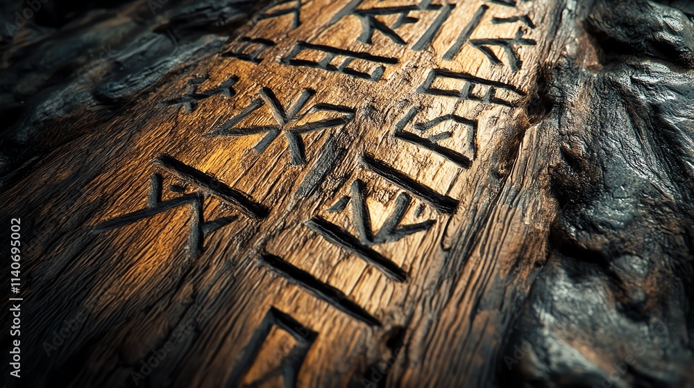 Ancient carvings on a wooden surface showcasing unique symbols. Ancient carvings on a wooden surface showcasing unique symbols.