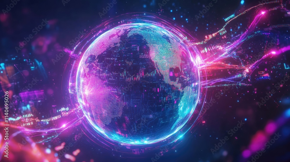 Fototapeta premium A holographic Earth surrounded by digital trading icons, glowing network paths encircling the globe, futuristic, vibrant sci-fi style