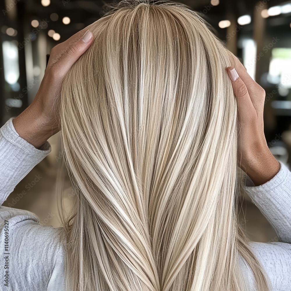 Fototapeta premium Elegant blonde hair flowed gracefully, showcasing a modern style and smooth texture.