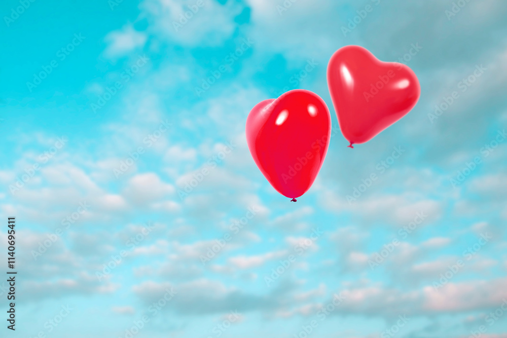 Heart shaped balloons flying into the sky. Valentine's Day Gift, symbol of love, dreams, relationships. Heart shaped balloons flying into the sky. Valentine's Day Gift, symbol of love, dreams, relationships.