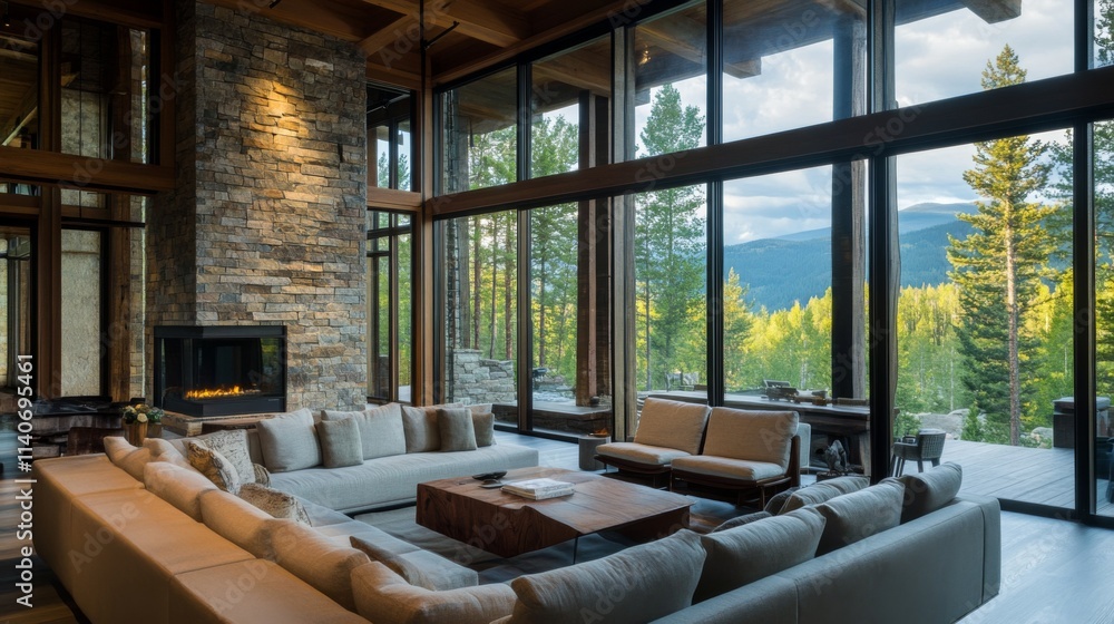 Modern Mountain Lodge Interior with Large Windows and Cozy Ambiance Modern Mountain Lodge Interior with Large Windows and Cozy Ambiance