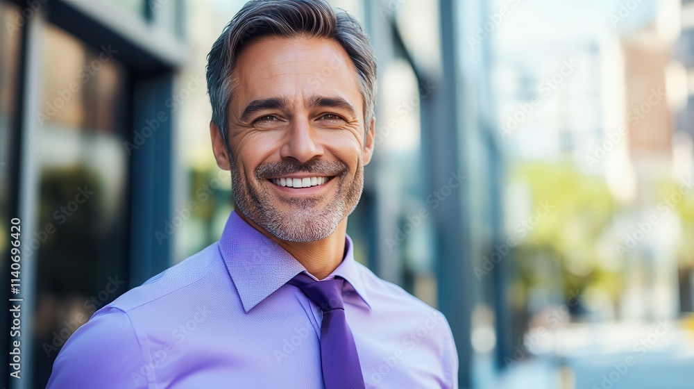 A smiling businessman in a purple shirt and matching tie standing confident outside, exuding professionalism and modern business style. A smiling businessman in a purple shirt and matching tie standing confident outside, exuding professionalism and modern business style.