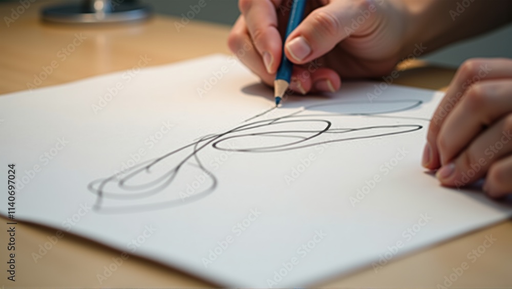 Close-up of a hand drawing abstract lines with a pencil on white paper, set on a wooden table, conveying creativity, focus, and artistic expression. Generative, AI, Close-up of a hand drawing abstract lines with a pencil on white paper, set on a wooden table, conveying creativity, focus, and artistic expression. Generative, AI,