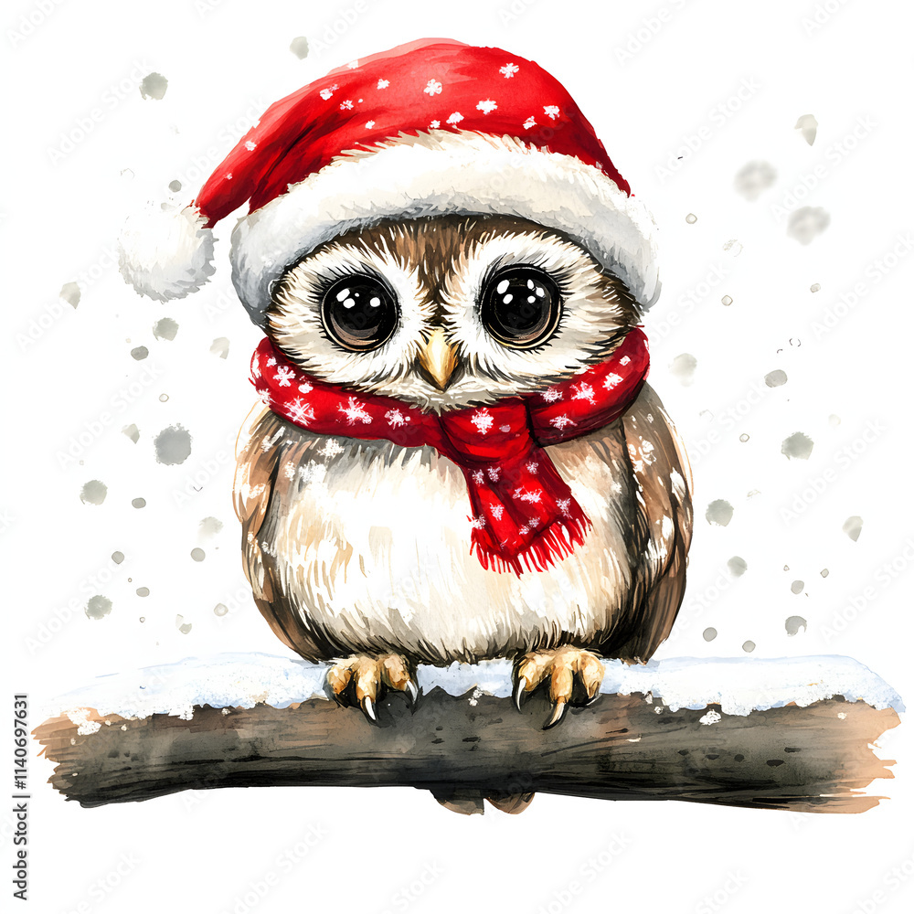 Winter owl clipart with christmas red hat and snow illustration on white background Winter owl clipart with christmas red hat and snow illustration on white background