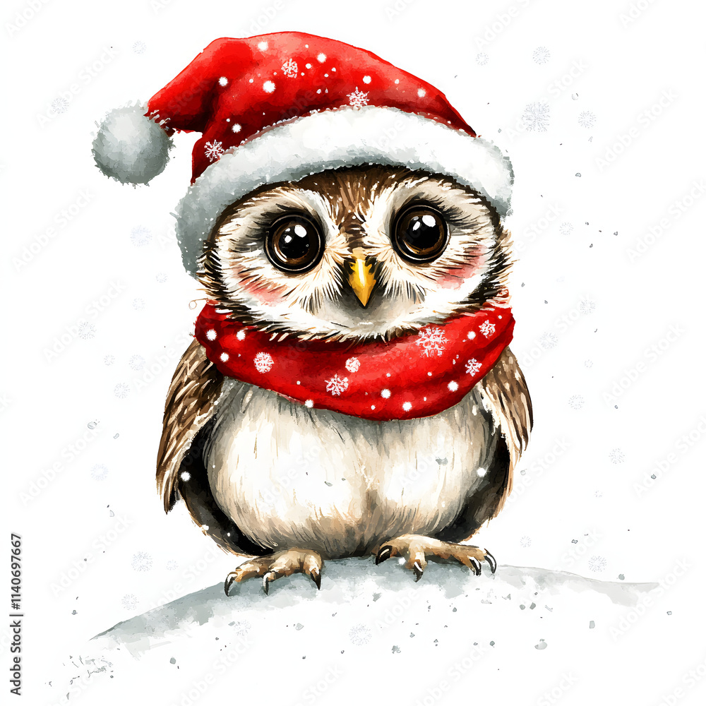 Winter owl clipart with christmas red hat and snow illustration on white background Winter owl clipart with christmas red hat and snow illustration on white background
