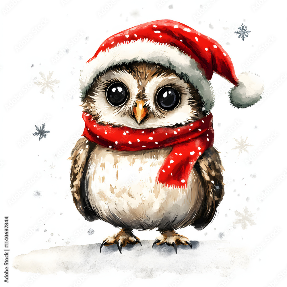 Winter owl clipart with christmas red hat and snow illustration on white background Winter owl clipart with christmas red hat and snow illustration on white background