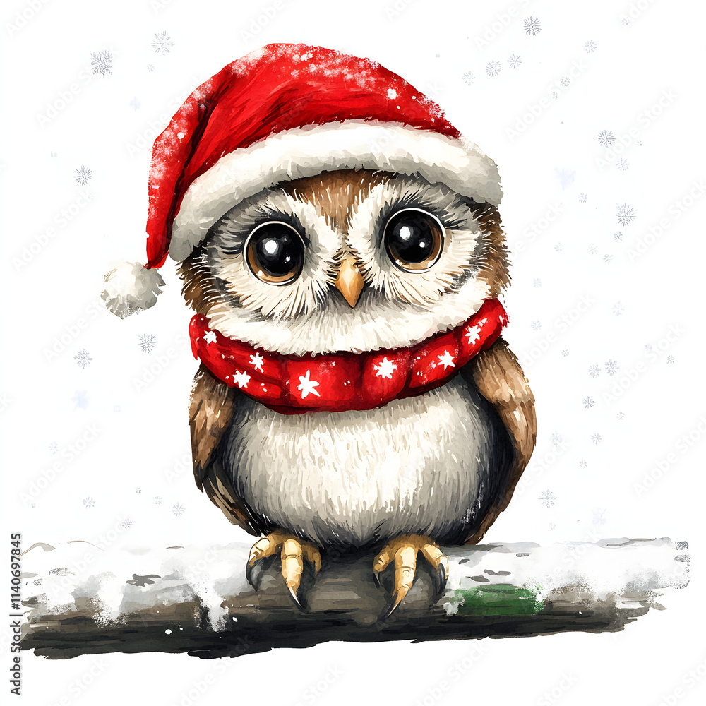 Winter owl clipart with christmas red hat and snow illustration on white background Winter owl clipart with christmas red hat and snow illustration on white background