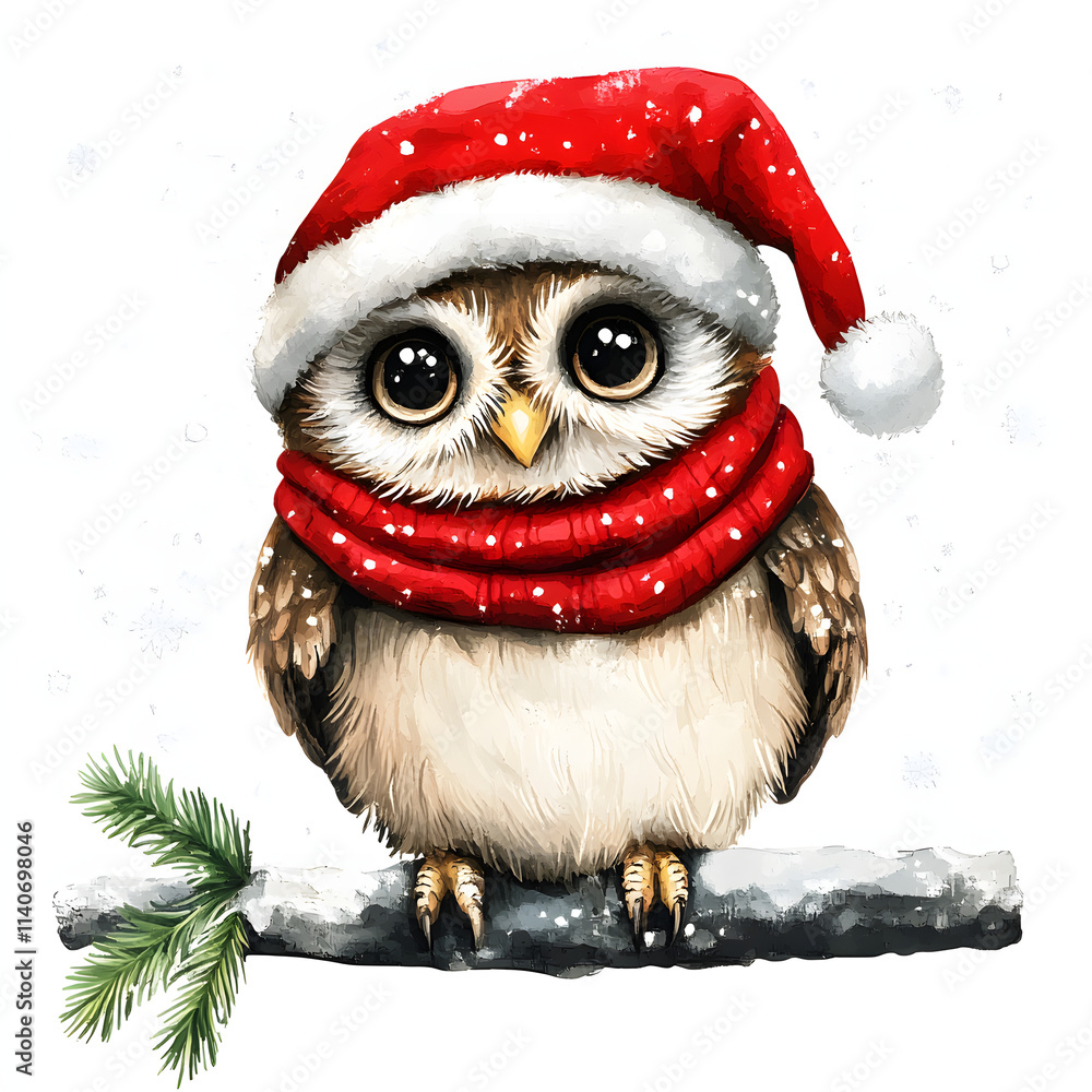 Winter owl clipart with christmas red hat and snow illustration on white background Winter owl clipart with christmas red hat and snow illustration on white background