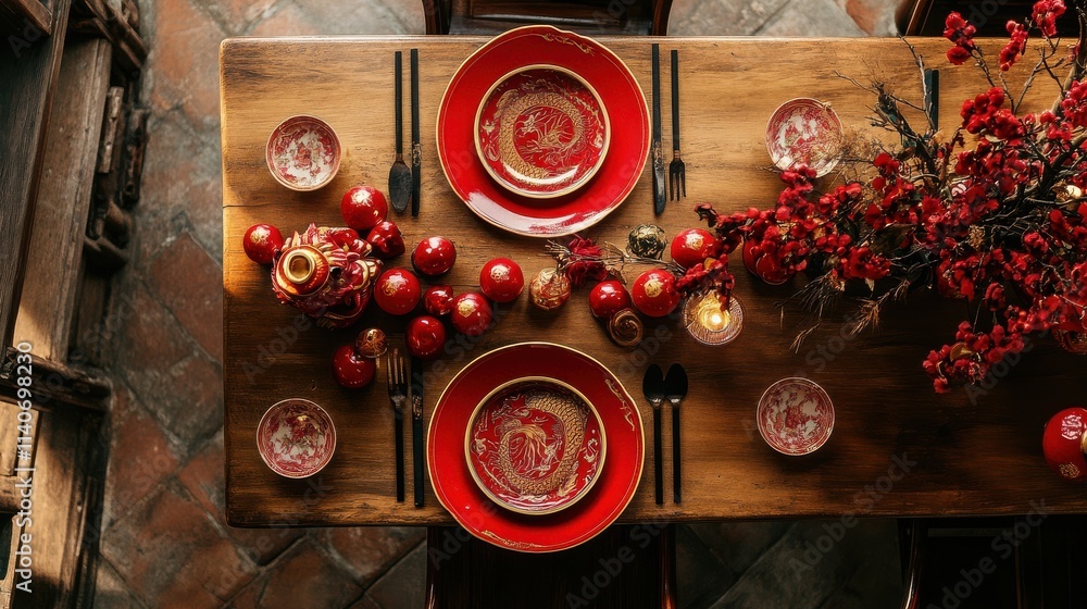 Elegant Dining Table Arrangement with Red Tableware and Decor Elegant Dining Table Arrangement with Red Tableware and Decor