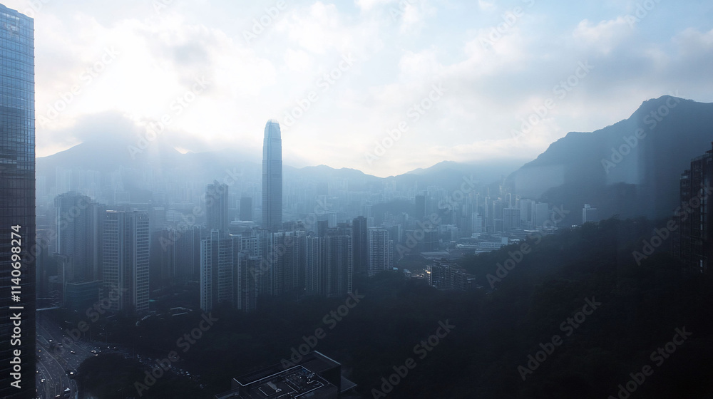 Fototapeta premium Foggy cityscape with mountains and skyscrapers in view.