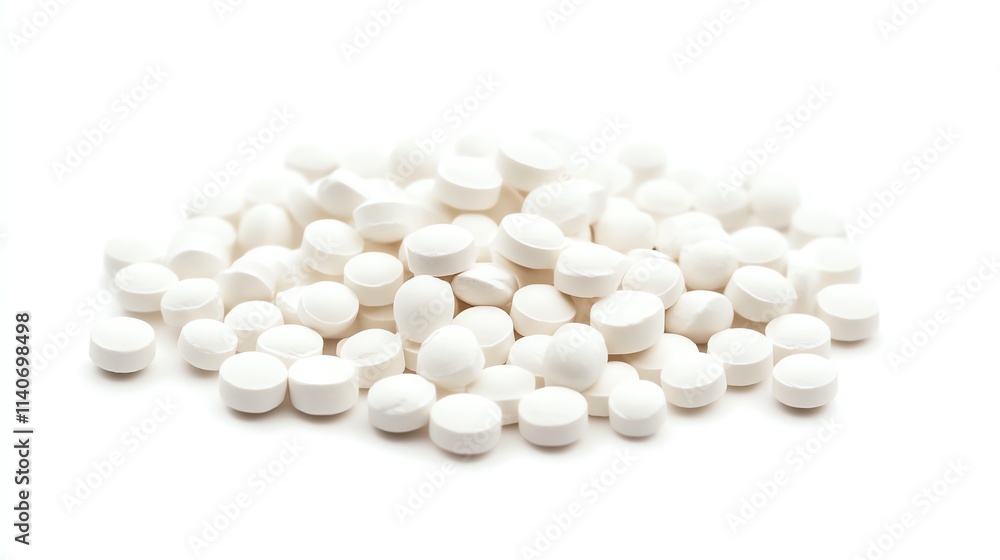Collection of white pills piled together on a plain background. Collection of white pills piled together on a plain background.