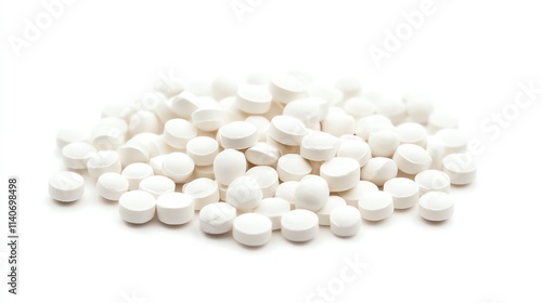 Collection of white pills piled together on a plain background.