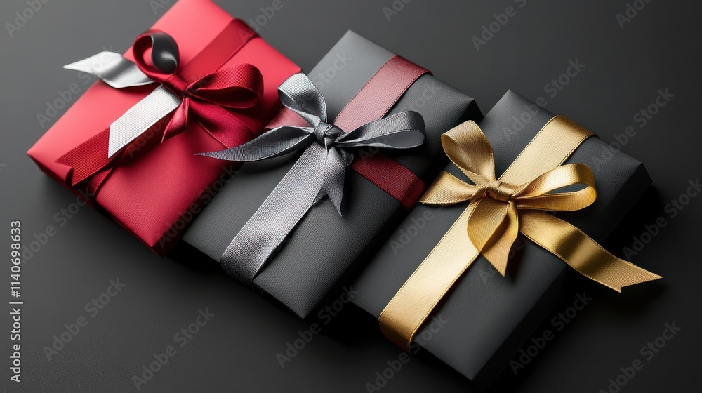 Elegant Gift Boxes with Ribbons and Bows on Dark Background Elegant Gift Boxes with Ribbons and Bows on Dark Background