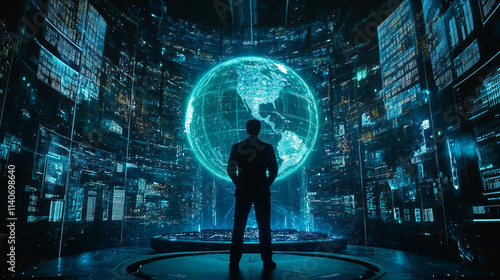 Man Watching Earth Hologram in Cyber Room