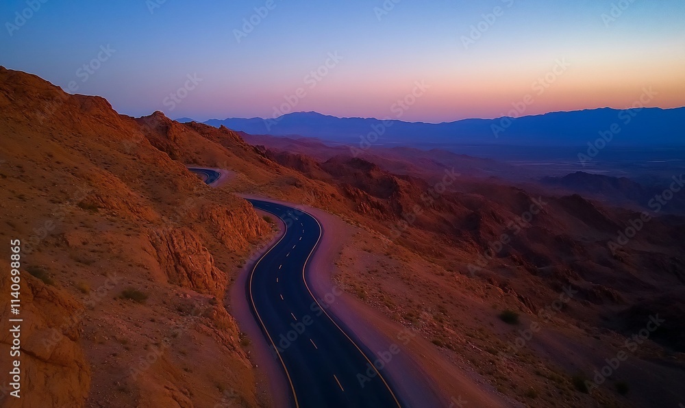 Winding mountain road at sunset, aerial view. Winding mountain road at sunset, aerial view.