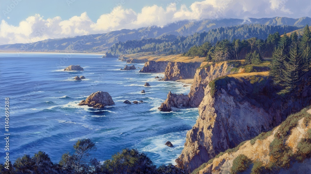 Vast coastline with rugged cliffs and serene waters under a bright sky Vast coastline with rugged cliffs and serene waters under a bright sky