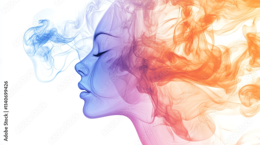 Colorful smoke dances around a serene profile, evoking calmness. Colorful smoke dances around a serene profile, evoking calmness.