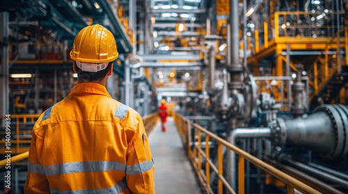 Worker in safety gear inspecting equipment on an industrial oil rig