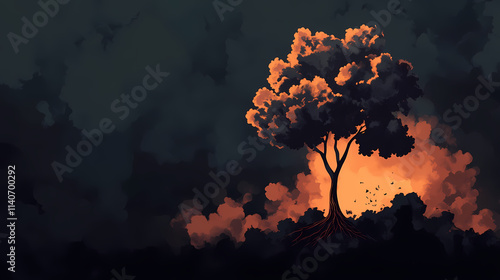 An ashen tree stands in a smoke-filled landscape against a dark background, highlighting the environmental damage caused by smoking. Ashen. Illustration photo