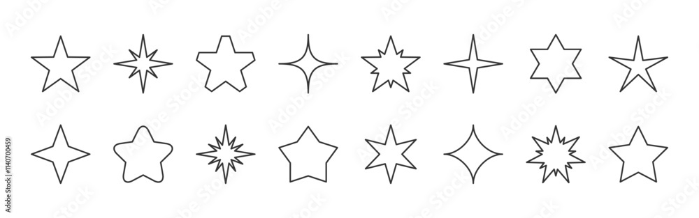 Fototapeta premium Outline stars various shape set. Linear five pointed twinkling forms, radiant beams, sharp rays, abstract light bursts, geometric hollow sparkles, glowing halos, shimmering flares, spark brilliance