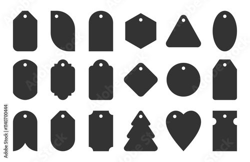 Black price tags set. Various geometric decorative label forms as rectangle, circle oval, triangle, heart, Christmas tree, hexagonal, classic and custom shapes. Each tag has a hole for rope hanging