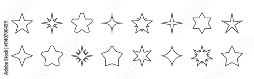 Outline stars various shape set. Linear five pointed twinkling forms, radiant beams, sharp rays, abstract light bursts, geometric hollow sparkles, glowing halos, shimmering flares, spark brilliance