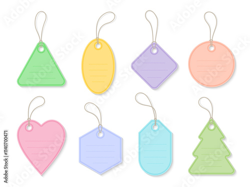 Set of colorful tags in various shapes as heart triangle, oval circle, square, hexagon, Christmas tree designs. Each tag has a hole and string for hanging, soft pastel shades, lined space for text