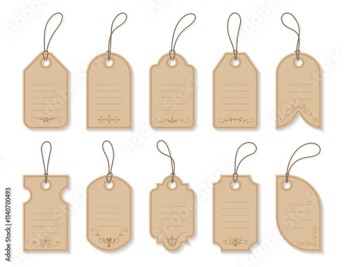Set of vintage paper tags featuring various shapes, elegant borders, floral decorations and lines for writing. Each cardboard tag has a punched hole and string, classic design with soft beige tones